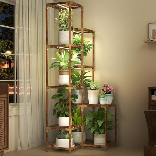 HOMKIRT Tall Corner Plant Stand with Grow Lights, Plant Shelf Indoor for Multiple Plants, Wood Plant Ladder Rack Holder Display Flower Stand for Living Room Balcony