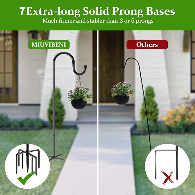 Shepherds Hooks for Outdoor with 7 Base Prongs, 72 Inches Heavy Duty Garden Bird Feeder Pole for Hanging Bird Feeder, Plant Baskets, Solar Light Lanterns, Outdoor Plant Hanger Hook,2 Packs