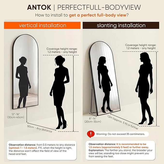 Antok 71" x28” Arched Full Length Floor Mirror, Free Standing/Wall Mount/Leaning - Image 9