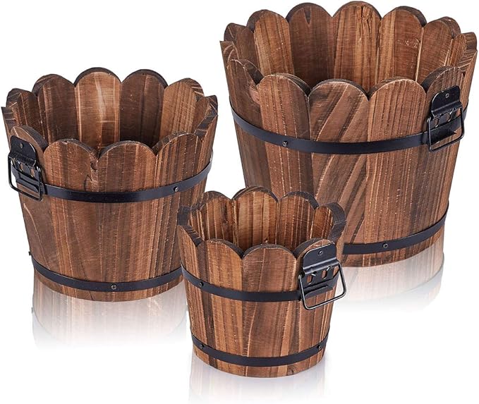 Wooden Bucket Barrel Planters, Small Flower Pot with Drainage Holes for Indoor Plants Home Décor, Set of 3