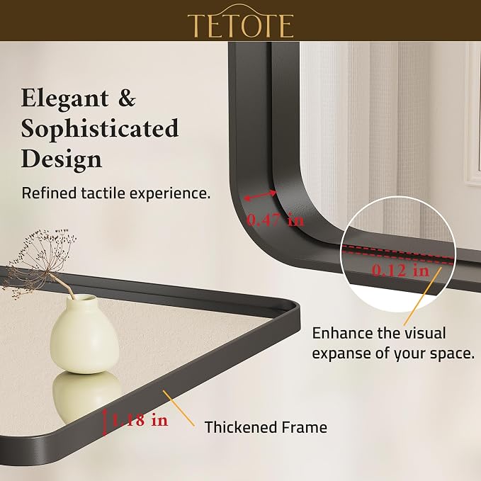 TETOTE 55 x 30 Inch Bathroom Mirror, Matte Black Modern Metal Frame Rectangle - Image 5