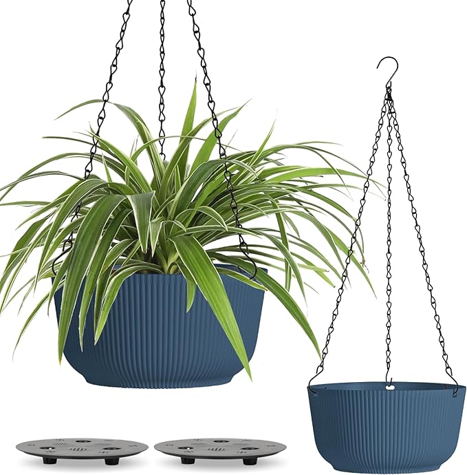 T4U 10 Inch Hanging Planters for Indoor Outdoor Plants, Hanging Baskets for Plants Pack of 2, Self Watering Hanging Pots with Drainage Hole for Garden Home Decor, Blue