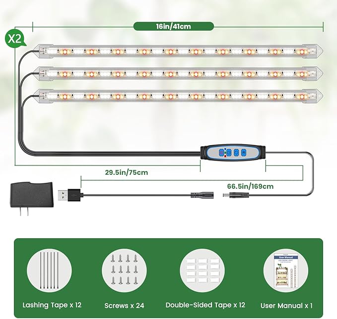 Grow Lights for Indoor Plants Full Spectrum, LED Grow Light Strips with 6/12/16H Timer, 3 Spectrum Modes, 5 Brightness Levels, 180 LEDs Sunlike Plant Lights for Indoor Growing (2 Pack)