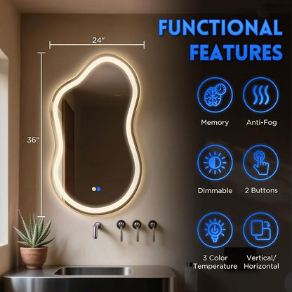 Irregular Led Backlit Bathroom Mirror -24"x36" Single Piece, Asymmetrical Cloud - Image 2