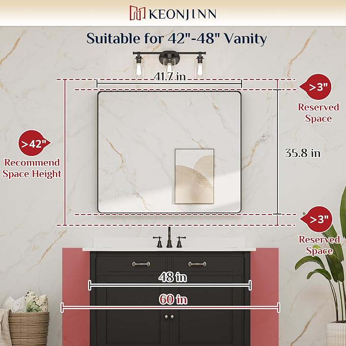 Keonjinn 42 x 36 Brushed Nickel Bathroom Vanity Mirror, Large Rounded Rectangle - Image 6