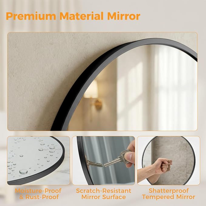 OLIXIS 30 Inch Black Round Bathroom Wall Mirror, Round Bathroom Mirrors - Image 6