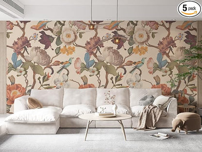 Zeeko Floral Peel and Stick Wall Mural Beige Flower Wallpaper by Zeeko