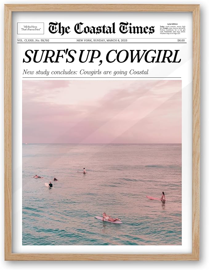 iHery Framed Trendy Coastal Cowgirl NewsPaper Wall Art Prints, Western Vintage by iHery