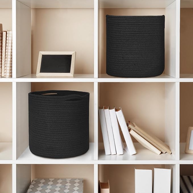 Cotton Rope Plant Basket, Woven Basket Planter for 10 inch Pot, Round Indoor Tree Pot Cover, Small Storage Bin Organizer, Modern Basket for Plants and Home Decor, 11”X11”, Black