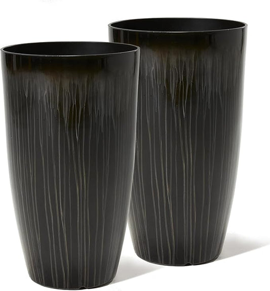 Worth Garden 23.5" H. Large Plastic Planters - Set of 2 Gradient Black Glossy Smooth Finish - Tall Plant Pots for Indoor & Outdoor Use - Decorative Lightweight Flower Pots for Front Porch, Patio, Deck