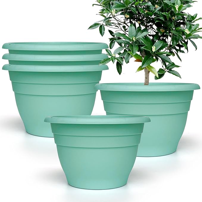 Plant Pots Set of 5, 10 Inch Round Flower Pots, Thickened Plant Planters with Drainage Holes, Garden Pots for Indoor Outdoor (Sky Blue)