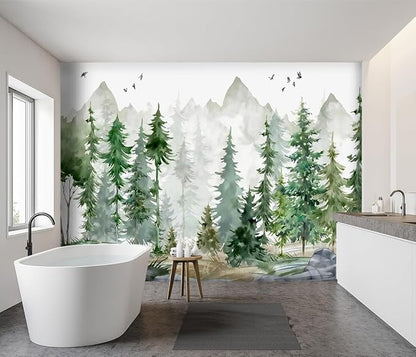 -Green Cartoon Pine Forest Nursery Fabric Wallpaper - Image 3