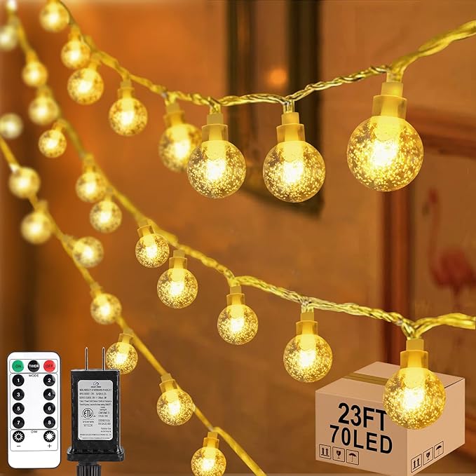22.9ft 70LED Globe String Lights Outdoor, Crystal Fairy Light IP44 Waterproof Outdoor Hanging Decorative Lights for Home Tent Patio Garden Party Wedding Decor