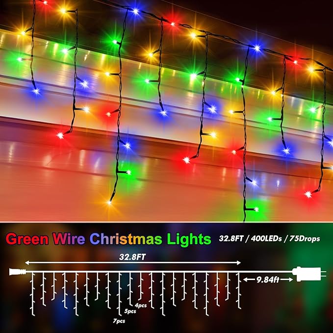 Hezbjiti 400LED Christmas Lights Outdoor 33FT Icicle Lights Dark Green Wire LED Icicle Lights Outdoor with 8 Modes 75 Drops Fairy String Lights for Christmas Decor Eaves Party Yard Garden