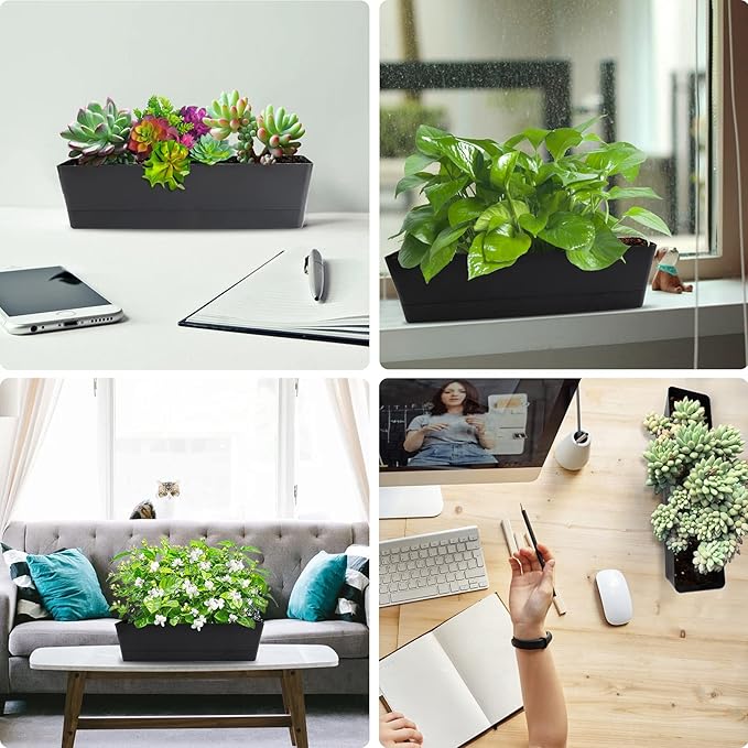 GREANER Window Boxes Planters, 3PCS 16x3.8 Inch Black Rectangle Planters Box with Drainage Holes and Trays, Herb Succulents Flowers Plastic Pot for Windowsill, Garden, Balcony, Indoor, Outdoor Decor