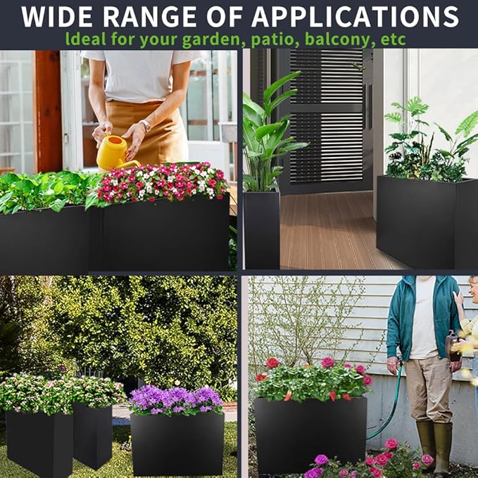 Metal Tall Long Planter Box Large Rectangular Planter Flower Pot with Drainage Holes for Indoor Outdoor Deck Porch Garden Home Patio Front Door (Black, M)