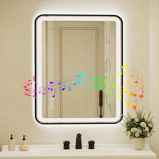 32x40 Inch Black Framed LED Bathroom Mirror by Unknown