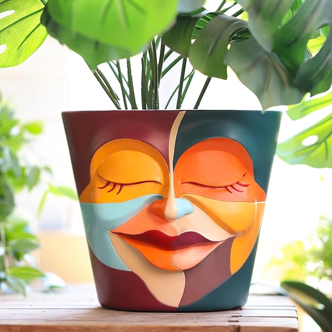 GUGUGO 8 Inch Abstract Rainbow Head Planter, Unique Face Plant Pot with Drainage, Cute Eclectic Flower Planters Pots for Indoor & Outdoor Plants, Colorful Funny Room Decor