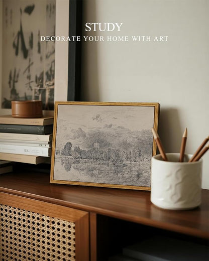 InSimSea Framed Canvas Wall Art, Neutral Sketch Landscape Painting, Rustic - Image 4