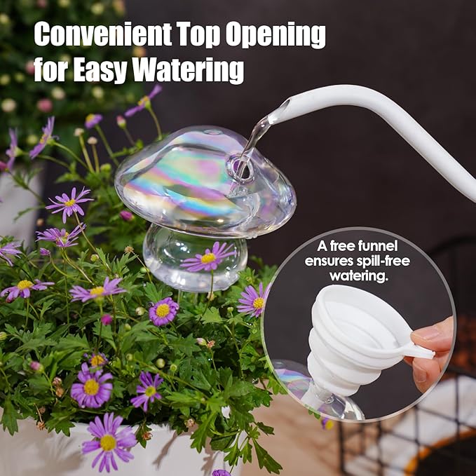 NiHome Iridescent Glass Mushroom Plant Self Watering Globes 3-Pack, Electroplated Hand-Blown Glass Automatic Plant Hydration System for up to 3 Weeks, Easy Refill Design with Adjustable Flow Rate