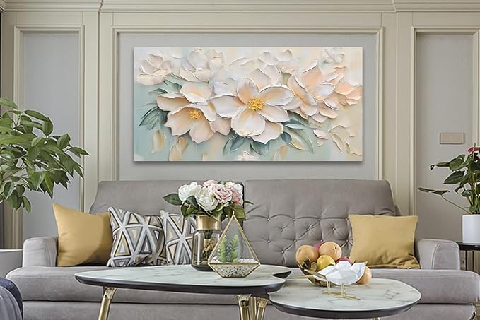 Anolyfi White Textured Flowers Canvas Wall Art - Image 3