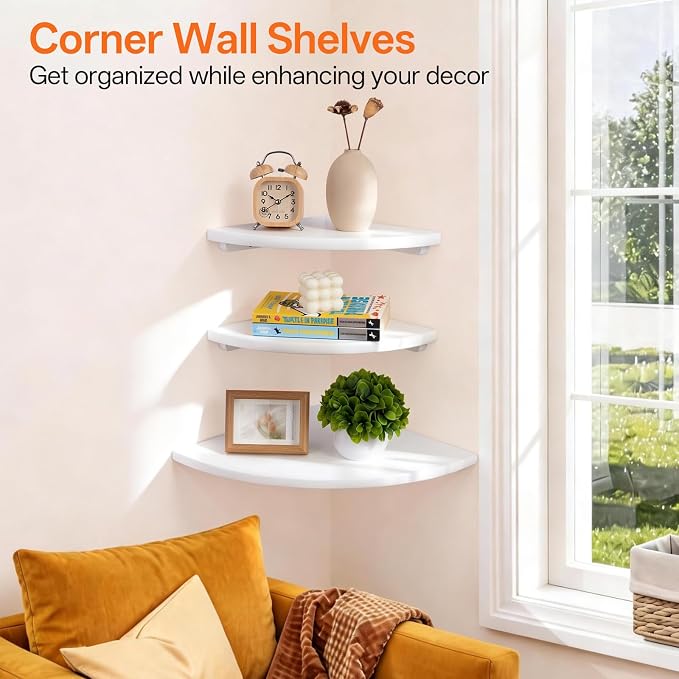 Gieanoo Floating Corner Shelves Set 2 10inch White Solid Oak Rounded Corner - Image 3