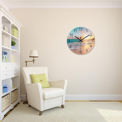 Beach Wall Clock Battery Operated 12 Inch Glass Wall Clock Non Ticking Analog - Image 2