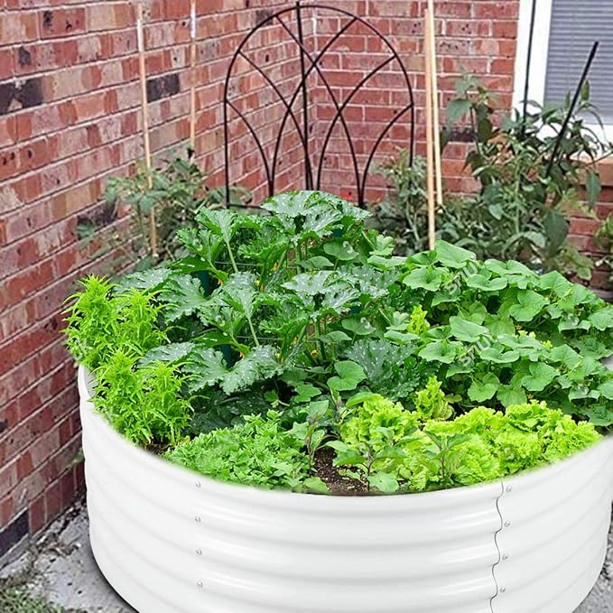 FORTUNO 2 Pcs 17" Tall 4 Ft Round Raised Garden Bed Box Galvanized Metal Outdoor High Flower Bed Steel Patio Ground Planter for Planting Vegetables and Herbs, White