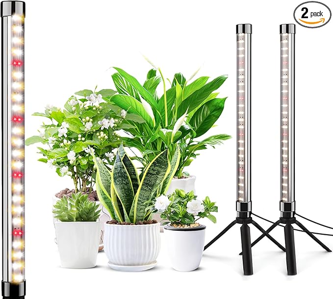2 Pack Grow Lights for Indoor Plants, Height Adjustable with On/Off Switch and Timer, Vertical Plants Grow Light for Indoor Plant Growth and Flowering