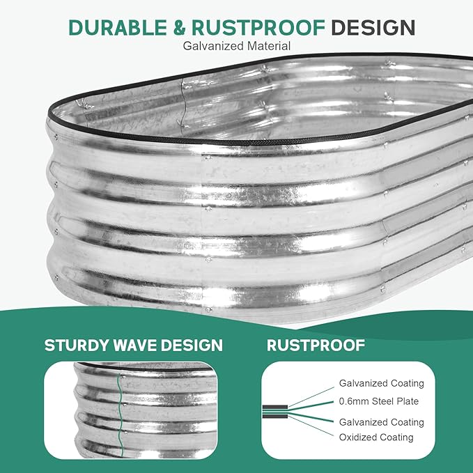Galvanized Raised Garden Bed Outdoor - 4×2×1ft Planter Raised Beds for Gardening | Oval Metal Garden Planter Box with Safety Edging and Gloves for Vegetables Fruits and Flowers (Silver)
