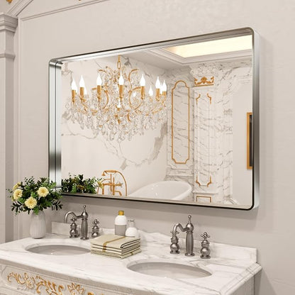 LOAAO 50X30 Inch Brushed Nickel Bathroom Mirror, Rounded Rectangle Silver Metal - Image 8