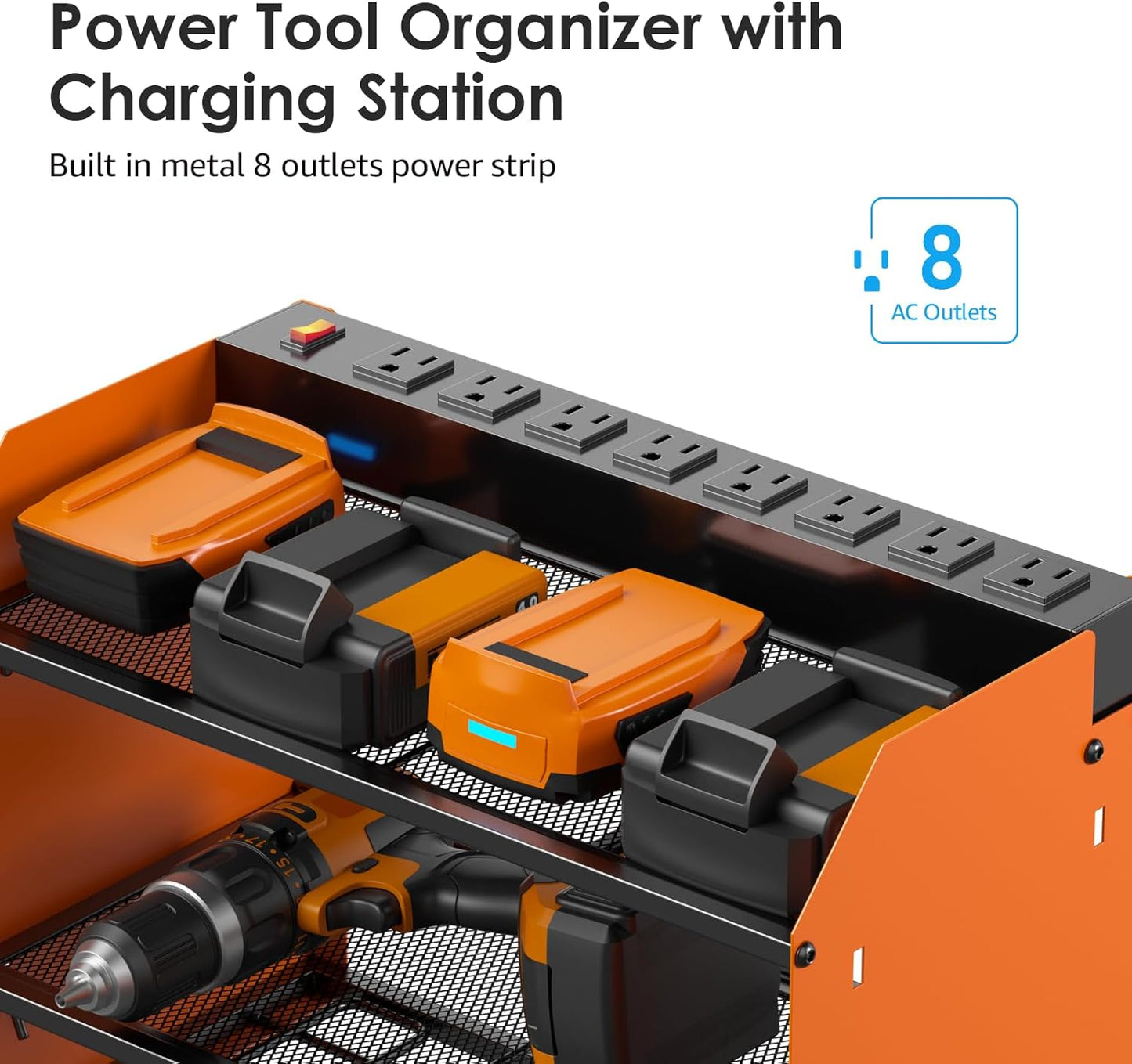 CCCEI Modular Power Tool Organizer Wall Mount with Charging Station. Garage 4 Drill Storage Shelf with Hooks, Drill Bit Heavy Duty Rack, Orange Tool Battery Holder Built in 8 Outlet Power Strip.