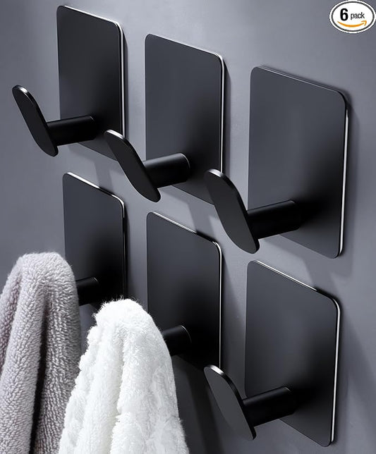 DELITON Black Towel Hook 6 Pack, Stainless Steel Stick on Wall Hooks by DELITON