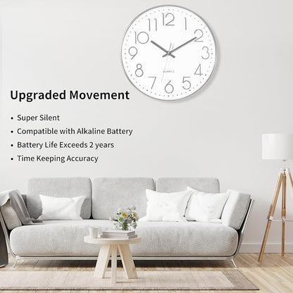 Foxtop Large Silver Wall Clock 14 Inch Silent Non-Ticking Battery Operated - Image 3