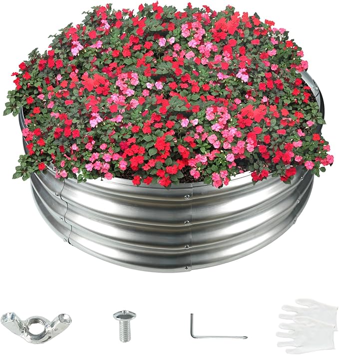 32 Inch Diameter Silver Galvanized Garden Raised Bed/Plant Box/Fire Ring-0.8mm Thick,12 Inch Tall,Crimped Edge and Corner,No Sharpe,Perfect for Plantings (2.7FT Diameter, Round)