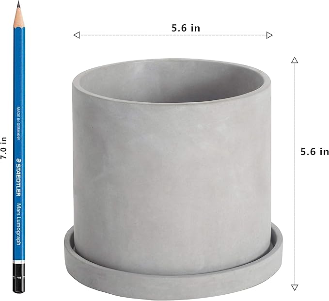 Ekirlin 5 Inch Flower Plant Pot Indoor - Grey Cement Garden Planter Concrete Planter with Drain Hole Saucer, Modern Succulents Containers for Home Decor, Office & Outdoor