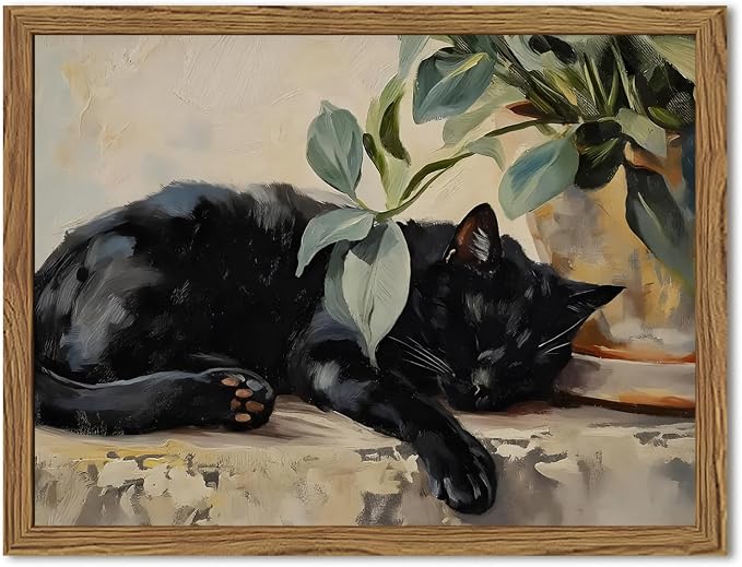 Framed Black Cat Canvas Wall Art, Vintage Sleeping Cat by Unknown