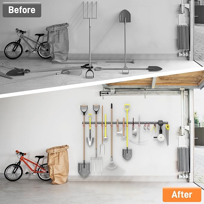 TORACK Metal Wall-Mounted Garden Tool Organizer for Garage, Mop and Broom Holder, Yard Tool Storage Rack for Rakes, Shovels, Mops, Brooms (4 Rails, 16 Hooks)