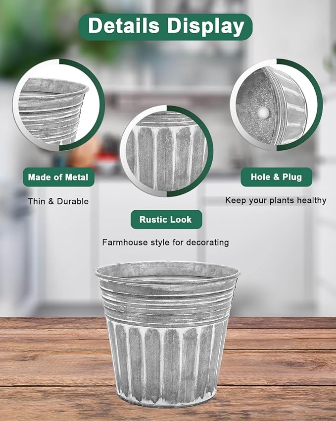 vensovo 5 Inches Silver Metal Rustic Flower Pots - 6 Pcs Small Galvanized Planters with Drainage Hole and Rubber Plug, Rustproof Tin Bucket Plant Pot Farmhouse Vintage Style for Decor