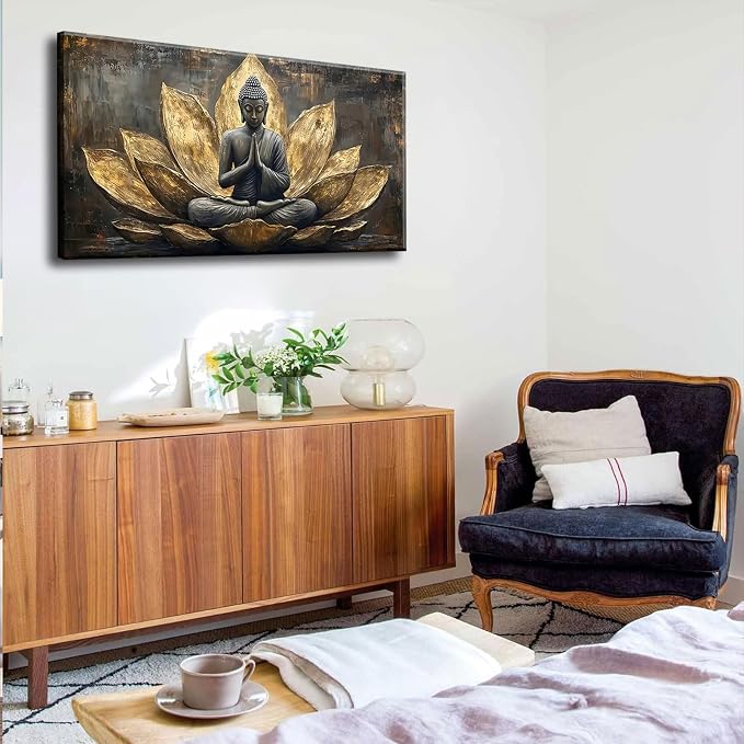Large Buddha Lotus Canvas Wall Art Abstract Gold and Grey Zen Buddhism Decor - Image 7