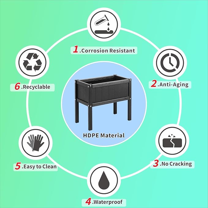 Raised Garden Bed with Drainage Hole Waterproof HDPE Elevated Planter Box with Legs Stable and Durable to Plant Herb Vegetable Flower,Patio,Balcony Outdoors/Indoors Black