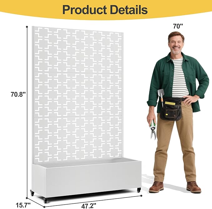 Raised Garden Bed with Trellis and Wheels,73"x47"x16" Metal Raised Garden Bed,White Squared Metal Planter with Climbing Trellis for Vines & Vegetables