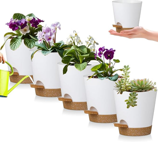 5 Pack 5 inch Self-Watering Pots, African Violets Planter with Drainage Holes and Reservoir, White Brown Plastic Planter for Indoor Outdoor Plants Flowers and Houseplants White Brown, 5 inch 5 pcs