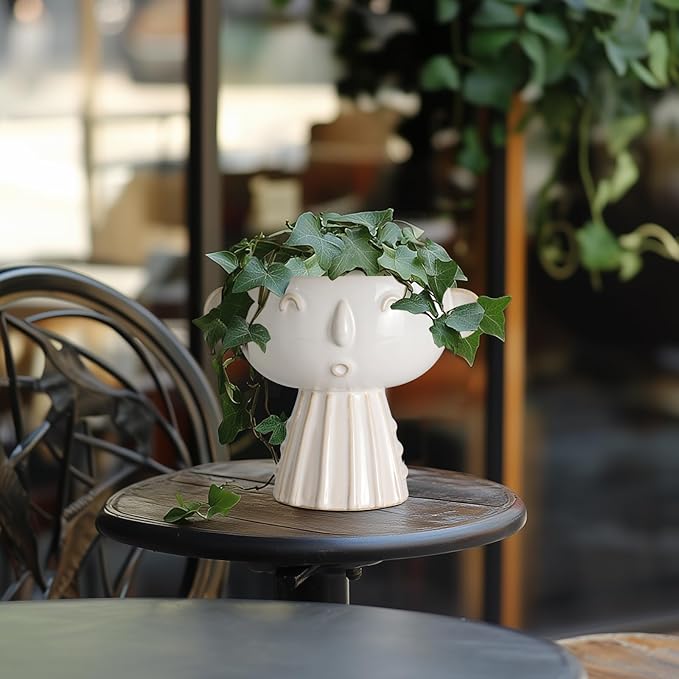 Face Planter Pot 7 Inch - Cute Ceramic Flower Head Planter for Indoor Outdoor Succulent Pot with Drainage Hole Flower Pot Present for Mother Christmas White