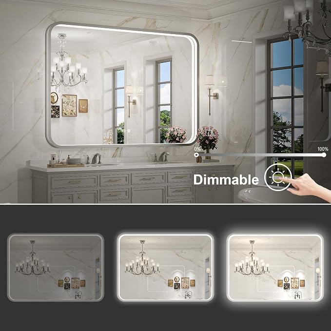 LED Bathroom Mirror with Lights, 48x36 Inch Brushed Silver Framed Lighted - Image 3