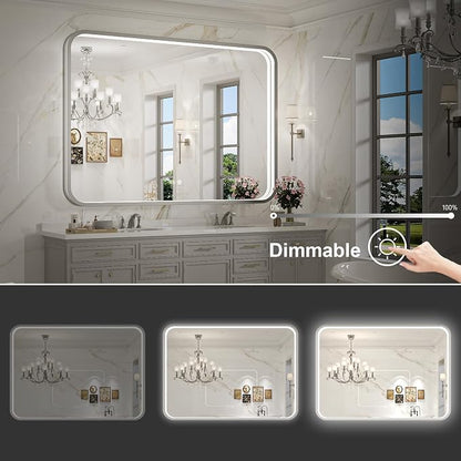 LED Bathroom Mirror with Lights, 43x36 Inch Brushed Silver Framed Lighted - Image 3