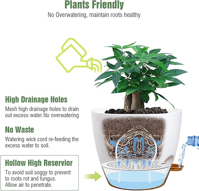 12 inch Large Self Watering Pots, Plastic Planters with 60oZ Removable Deep Reservoir and Multi Mesh Drainage Holes for Indoor Outdoor Garden Plants and Flowers, White with Brown