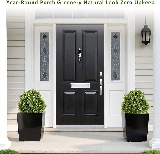 THE BLOOM TIMES 2ft Faux Boxwood Plants Outdoor Set of 2, Topiary Balls Artificial Outside Trees, 24" UV Resistant Fake Greenery Bushes & Shrubs for Front Porch Planter