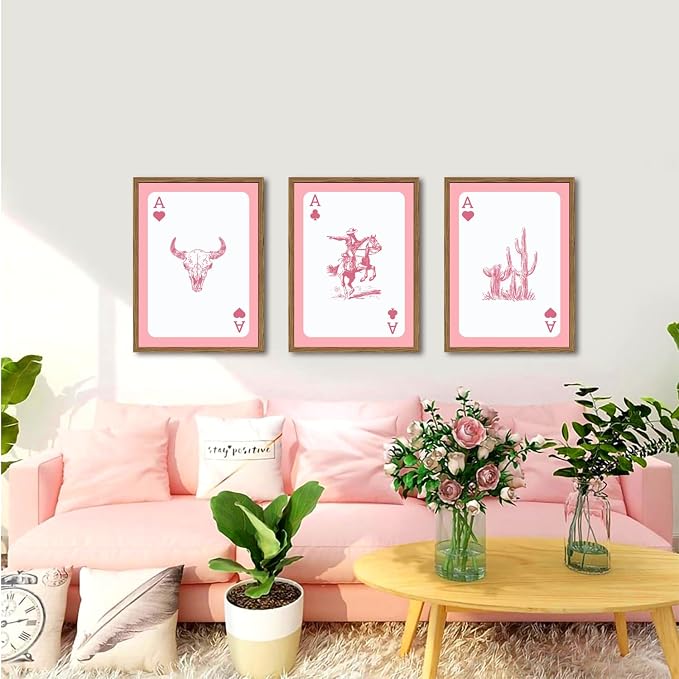 Set of 3 Western Cowgirl Wall Art Pink Bull Skull Wall Decor Painting - Image 5