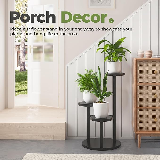 Bamworld 3 Tier Plant Stand Indoor Small Plant Shelf Outdoor Metal Tall Flower Holder Table Support Rack Garden Accessories for Plant Lovers(Black)